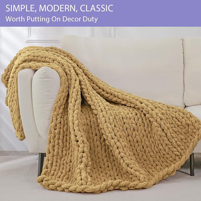 Bigacogo Chunky Knit Throw Blanket for Couch, 40x60 inches, Goldenrod | Hand Knit with Jumbo Chenille, Soft Breathable Cable Knit for Sofa Bed Living Room, Machine Washable, Gift for Mom Friend
