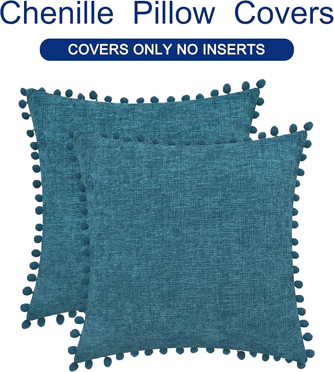 CaliTime Decorative Couch Throw Pillow Covers 18 X 18 Inches Ocean Blue | Pack of 2, Cozy Chenille Cushion Cases, with Pom Poms for Sofa Bed Living Room Farmhouse Home