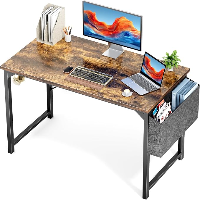 OLIXIS 47 Inch Computer Office Desk for Small Spaces, Writing Gaming Work Desk Modern Study Table with Storage Bag & Headphone Hook Home Bedroom, Rustic Brown | Computer Gaming Writing Workstation, Small Spaces for Home Bedroom, Rustic Brown