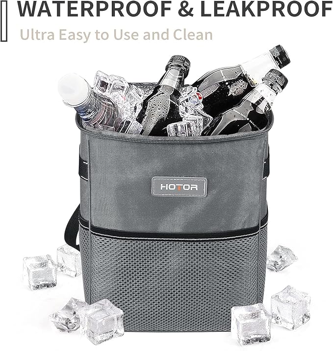 HOTOR Car Trash Can, Multifunctional Car Accessory for Interior Car Stuff Storage with Compact Design, Waterproof Car Organizer and Storage with Adjustable Straps, Magnetic Snaps, 2 Gallons, Gray