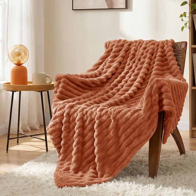 Burnt Orange Throw Blanket for Couch & Bed, 50 x 60 Inch | 300GSM Ribbed Fleece Blanket, Soft, Cozy & Lightweight, OEKO-TEX Certified, All-Season Use for Travel, Dorm & Home Decor