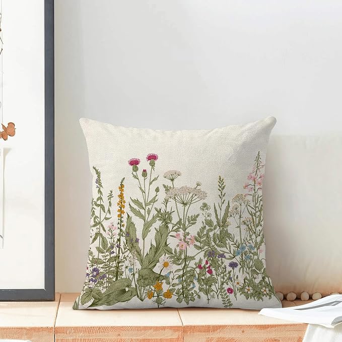 AEIOAE Sage Green Pillow Covers 18x18 Inch Set of 2, Spring Wildflower Plant Throw Pillows Case,Seasonal Floral Outdoor Decorative Flowers Farmhouse Decor Cushion Covers for Home Sofa Bed Couch