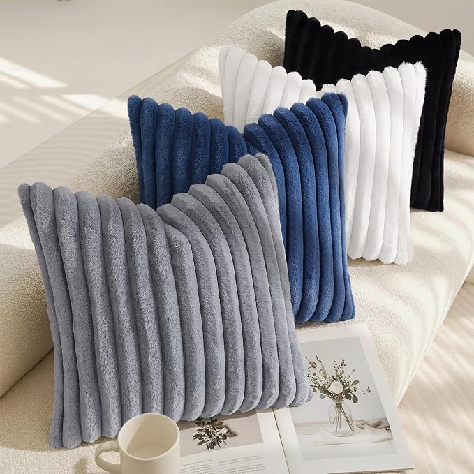 decorUhome Fall Faux Fur Throw Pillow Covers 12x12 Set of 2 Navy Blue | Decorative Soft Cozy Striped Plush Modern Farmhouse Boho Couch Pillow Cases Velvet Back for Sofa Bed Living Room Home Decor