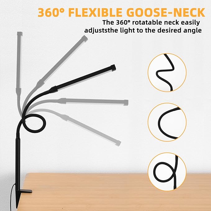 Voncerus LED Desk Lamp with Clamp, Clip on Lights for Home Office, Black | 3 Modes 10 Brightness, Long Flexible Goose-Neck, Eye-Caring, Memory Function, Energy Efficient, USB Adapter, Metal