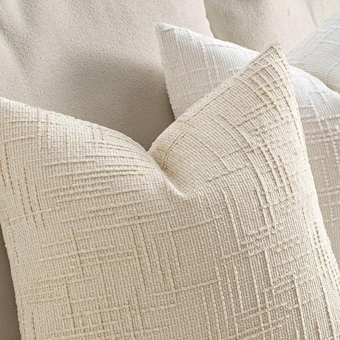 MIULEE Chenille Textured Throw Pillow Covers Beige 18x18 Set of 2 | Slubby Decorative Pillows, Boho Farmhouse Home Decor, Modern Neutral Cushion Covers for Couch Sofa Bed Living Room