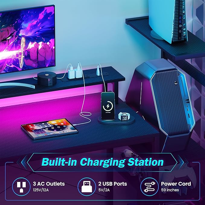 59 Inch Gaming Desk with Drawers & PC Tower Stand & LED Lights, Black | Reversible, Monitor Shelf, Power Outlets, Carbon Fiber, Mesa Gamer, Computer Desk with Storage, Gaming Table for Home Office