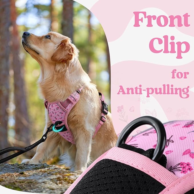 rabbitgoo Dog Harness Medium Sized, No Pull Pet Harness with 3 Buckles, Adjustable Soft Padded Vest with Control Handle, Walking Reflective Pet Vest for Medium Dogs, Floral Pink, M