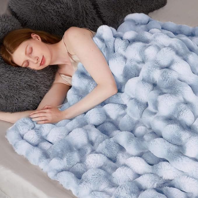 Luxury 1000GSM Faux Rabbit Fur Throw Blanket, Super Heavy Warm Cozy Grey Blankets for Couch Bed Sofa, Ruched Plush Fuzzy Elegant Soft Reversible Mink Blanket for Living Room Bedroom, Blue