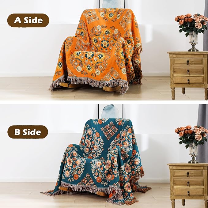 VANJOROY Boho Throw Blanket, 100% Cotton Muslin Breathable Soft Bed Throw - Floral Farmhouse Decor Blanket for Sofa Couch Chair and Gift. 60" x 80"- Orange