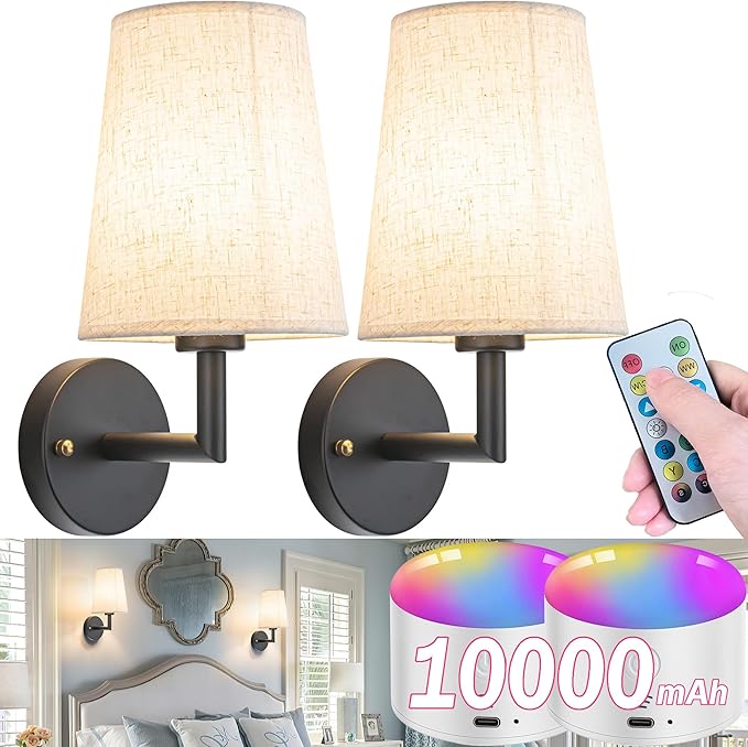 Wall Sconce Battery Operated Wall Light Fixure with Remote Control, Dimmable Battery Operated Wall Sconces Set Of Two, Indoor Wireless Wall Mounted Lamp with Rechargable Bulb For Bedroom Living Room (
