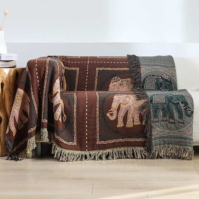 Boho Throw Blanket for Bed with Tassels,100% Cotton Ultra Soft and Cozy Large Blanket Elephant Printed Farmhouse Decor Bed Blankets,80"×90" All Season Rustic Throw for Sofa Couch Chair-Brown
