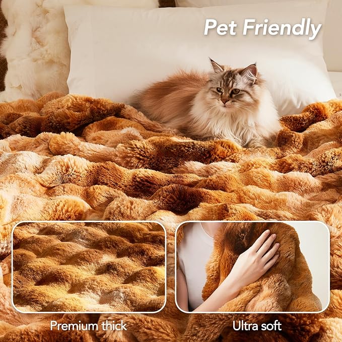 L'AGRATY Faux Fur Throw Blanket for Couch, 90''x90'' Tie-Dye Caramel Brown | Soft Cozy Bubble Fluffy Blanket for Sofa Bed, Thick Warm Plush Fuzzy Throw for Room Home Decor, Luxury Gift for Women Mom