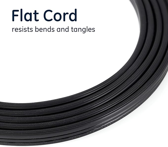 GE 3-Outlet Flat Extension Cord 15 Ft Grounded Extension Cord with Multiple Outlets 3 Prong Outlet Extender Flat Plug Indoor Power Strip 16 Gauge UL Listed Black, 56987