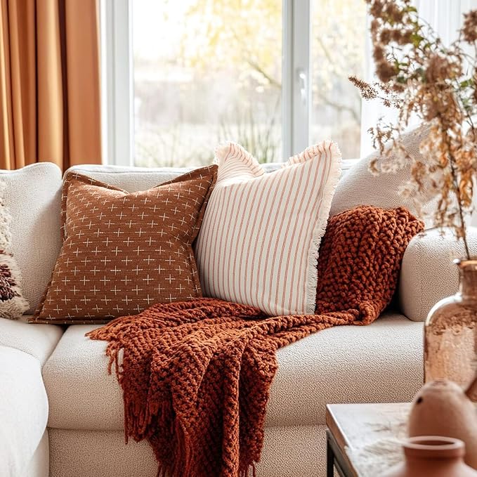Fall Pillow Covers 22x22 Set of 2 Soft Polyester Textured Rust Pillow Covers with Stylish Flange Edge Cozy Farmhouse Throw Pillows for Couch Bed Sofa Living Room Fall Decor