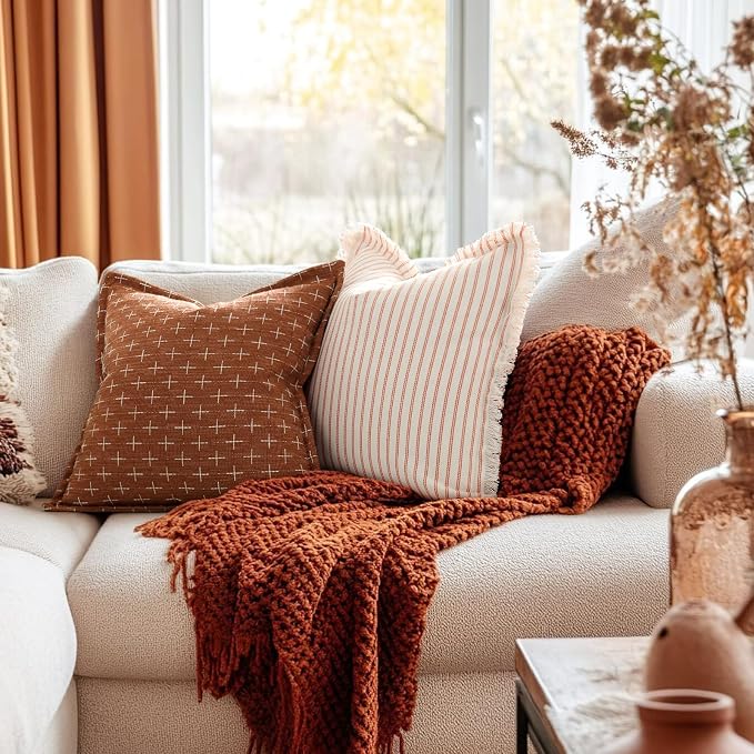 Fall Pillow Covers 18x18 Set of 2 Soft Polyester Textured Rust Pillow Covers with Stylish Flange Edge Cozy Farmhouse Throw Pillows for Couch Bed Sofa Living Room Fall Decor