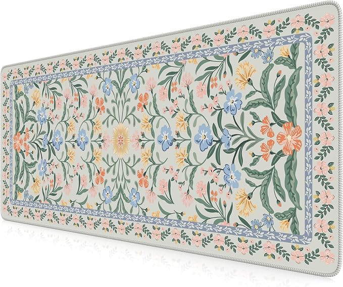 iCasso Aesthetic Desk Mat,31.5x11.8 Mouse Pads,Green Floral | Anti-Slip Mousepad with Stitched Edges, Waterproof Computer Pad, Green Desk Accessories Office Decor for Women