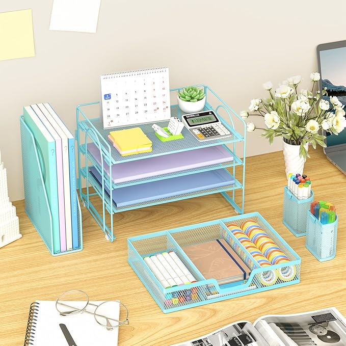 Marbrasse Desk Organizer and Accessories，4-Tier Paper Letter Tray Organizer with File Holder, Desk Accessories & Workspace Organizers with Drawer and 2 Pen Holder (Blue, 15.4" x 9.1" x 8.3")