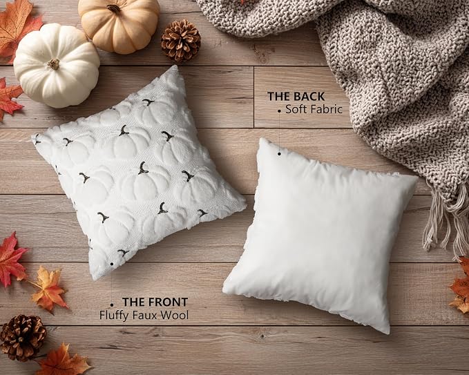 Fall Pumpkins Decorative Pillow Covers 20x20 Set of 2, White Soft Plush Faux Fur Wool Farmhouse Throw Cushion Cases for Autumn Thanksgiving Holiday Home Decorations