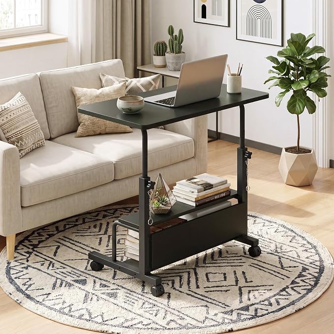 OLIXIS Rolling Desk, Storage Shelves, Laptop Table, Home Office | Height Adjustable Design, Computer Desks on Wheels, Portable for Small Spaces Use, Black