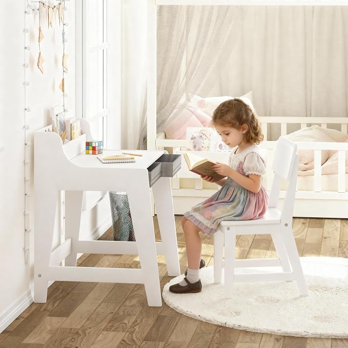 UTEX Wooden Kids Desk and Chair Set with 2 Fabrics Drawers for Study Room | Kids Study Desk with Stand-up Organizer, Water-based Paint, Student Writing Desk for Bedroom