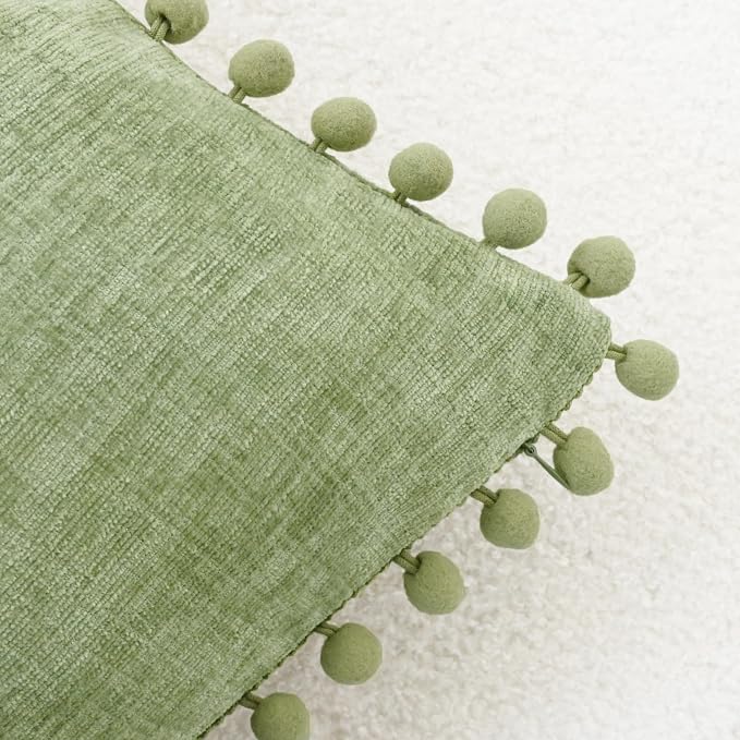 CaliTime Decorative Couch Throw Pillow Covers 18 X 18 Inches Sage | Pack of 2, Cozy Chenille Cushion Cases, with Pom Poms for Sofa Bed Living Room Farmhouse Home