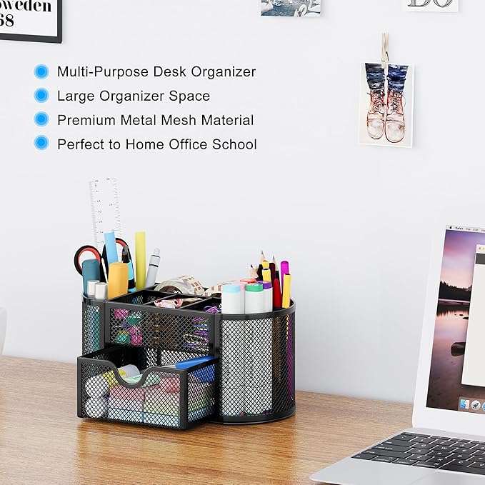 EasyPAG Mesh Pen Holder Desk Organizer with Drawer Stationery Supplies Organizer for Dorm School 9 Compartments Workspace Desk Accessories Organization for Office, Black