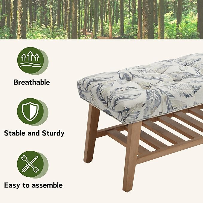 Entryway Shoe Bench Storage Benches with Upholstered Button Tufted Seat and Open Slatted Shelf Linen Shoe Rack for Hallway Living Room Bedroom End of Bed, Pattern