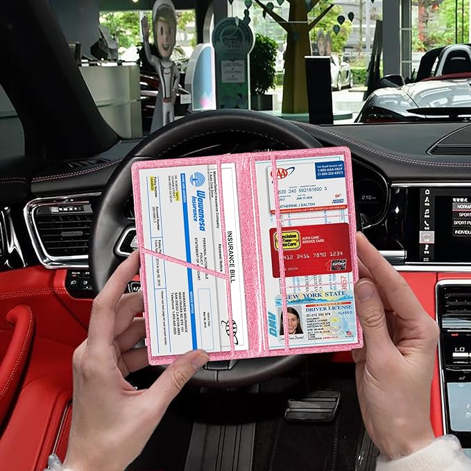TOURSUIT Car Registration & Insurance Card Holder, Glitter Pink | Vehicle License Document Organizer, Glove Box Compartment, Interior Car Accessories, For Women Men