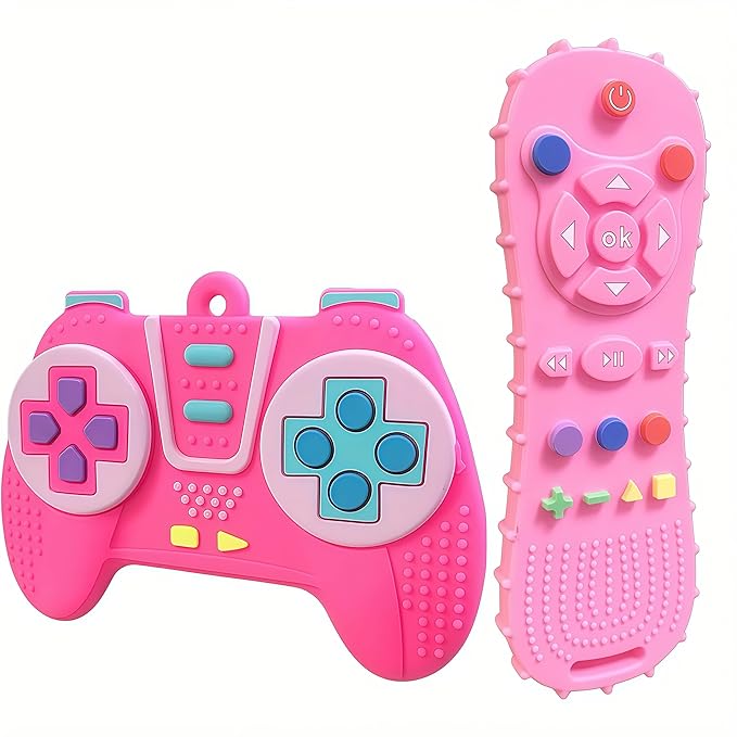 AALFA Baby Teething Toy, Soft TV Remote+Game Machine Shape Chew Set Intellectual Development Intellectual Development Educational Toy,Safe Silicone Toddler Infant (Pink (Handle+Remote Control))