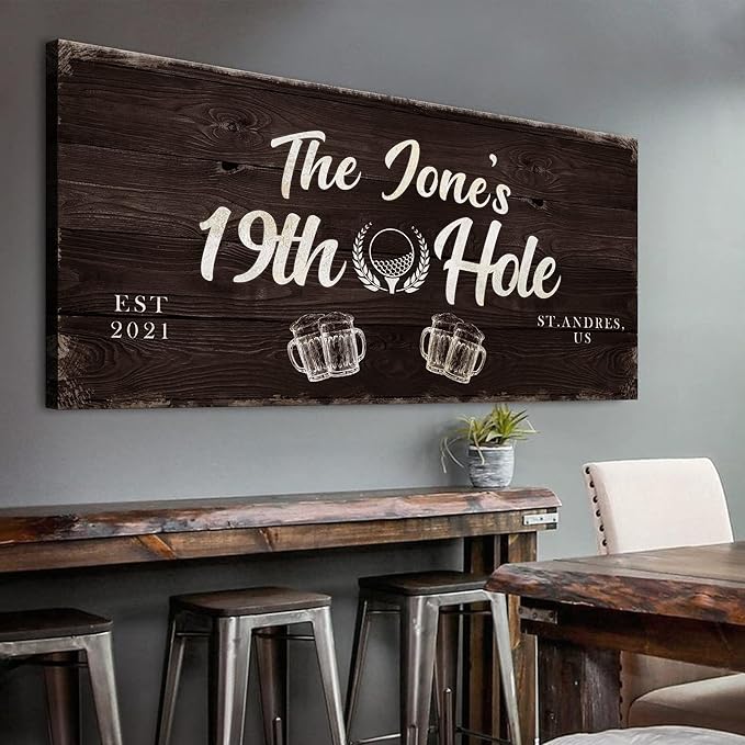 TAILORED CANVASES Golf Art Decor - Personalized Vintage Golf Wall Art Sign for Man Cave, Bedroom, Basement, Home Bar and Custom Gift for Husband, Dad, Wedding & Anniversary - 19th Hole Sign, 36"x12"