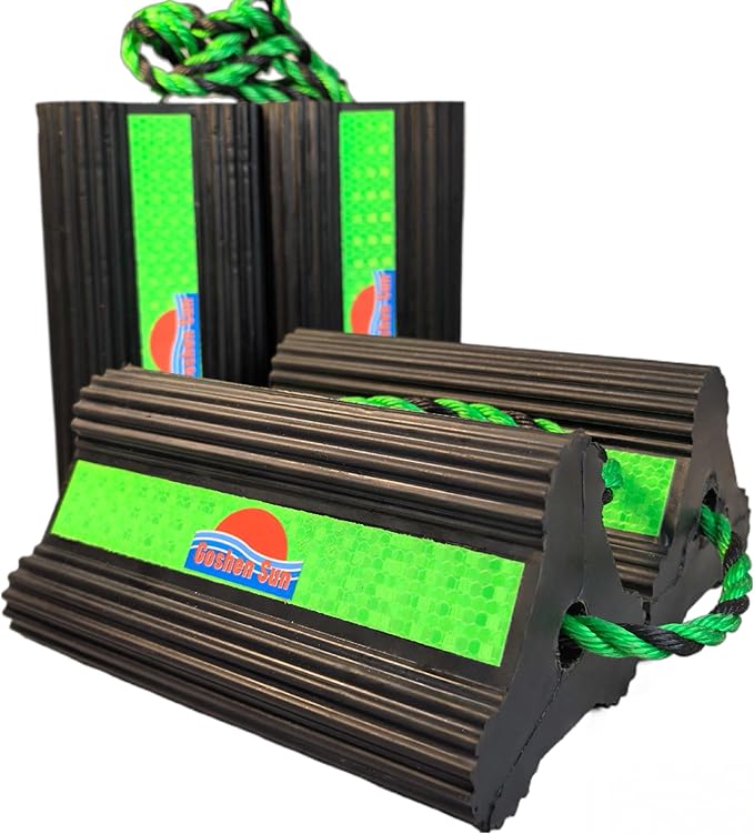 Goshen Sun- Heavy Duty Rubber Wheel Chocks with Reflective Strips,Set of 2/4 (8.25x4.5x4 Inch),All-Weather, Non-Slip,Wear-Resistant & Portable Parking Security for Airplan, RV, Trailer (4, Green)