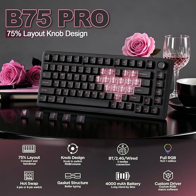 YUNZII B75 PRO 75% Wireless Mechanical Keyboard (Black Heart, CocoaV2) | Hot Swap Keyboard with Knob, Gasket Mount, Creamy Pre-lubed Switch for Smooth Typing, BT/USB-C/2.4G, for Gaming