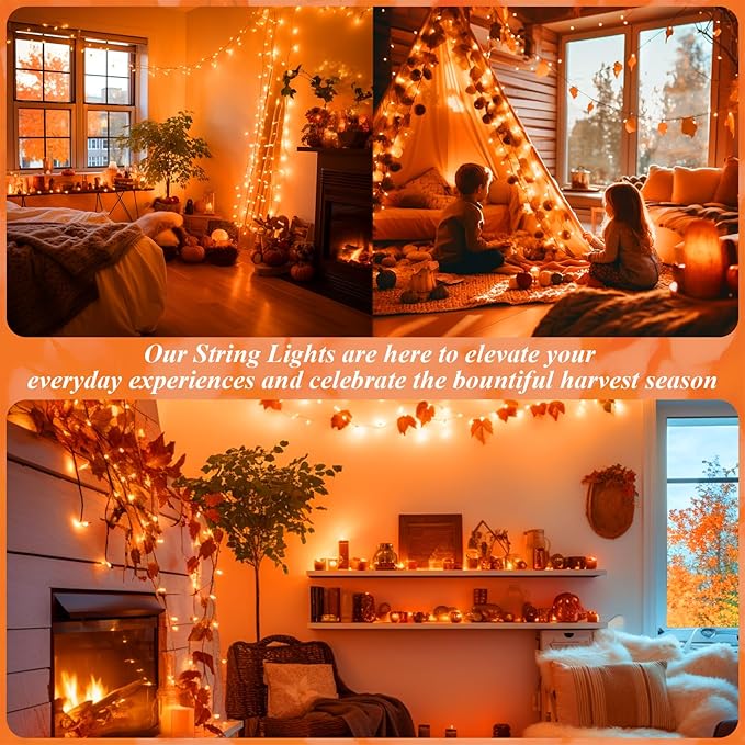 JMEXSUSS 66ft 200 LED Christmas String Lights Outdoor Indoor, Connectable Orange String Lights Clear Wire, Fall Light Plug in for Fireplace Tree Garden Patio Thanksgiving Fall Halloween Decor