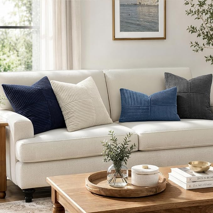 MIULEE Cream White Decorative Euro Sham Pillow Covers 24x24 Inch 2 Pack | Beige Neutral Boho Farmhouse Pillow Covers, Soft Cross Corduroy Patchwork Textured Cushion Cases For Couch Bed Sofa