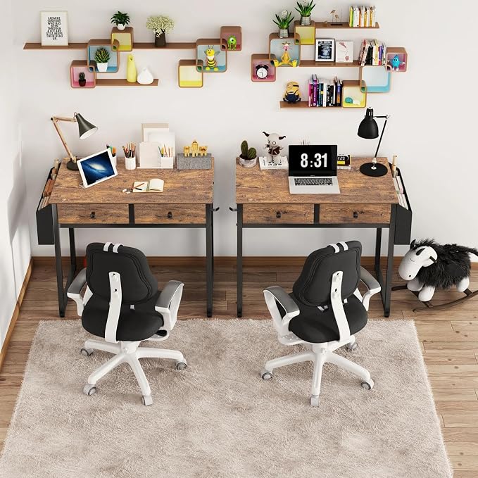 Lufeiya Small Computer Desk with 2 Drawers for Bedroom, 31 Inch Home Office Desk with Storage Fabric Drawer and Bag, Study Writing Table for Small Spaces, Rustic Brown