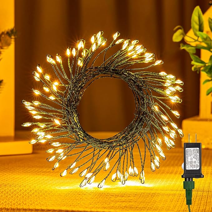 Fairy Lights Plug in, 17 Ft 200LED Twinkle Firecracker String Lights, 8 Lighting Modes Green Wire Cluster Light for Bedroom Indoor Outdoor Garland Patio Garden Wedding Christmas Decoration, Warm White