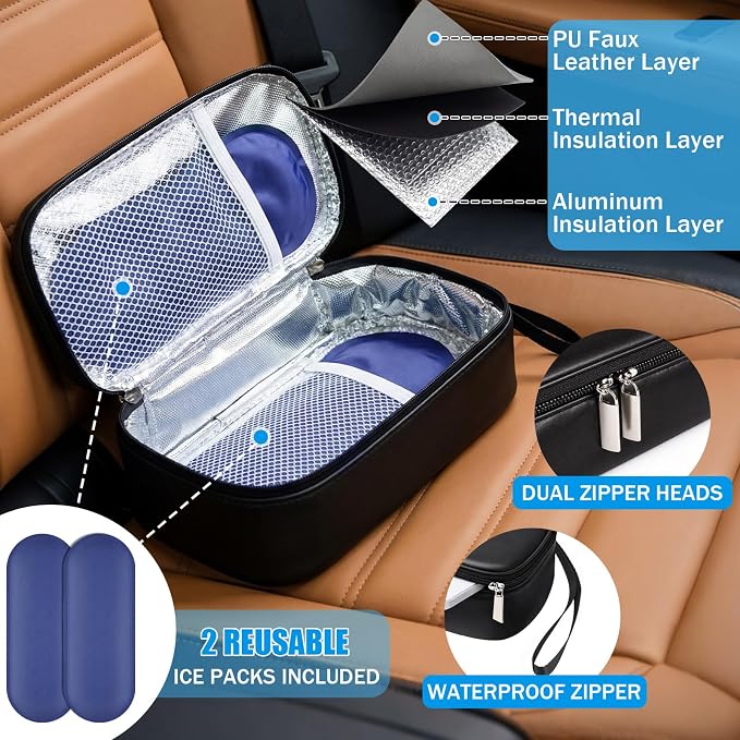 Phone Cooler Bag for Beach, Portable Phone Cooling Pouch with 2 Reusable Ice Packs, Keeps Cool in Extreme Heat for Car Pool Hiking, Extends Battery Life, Fits All Smartphones(Black,PU)