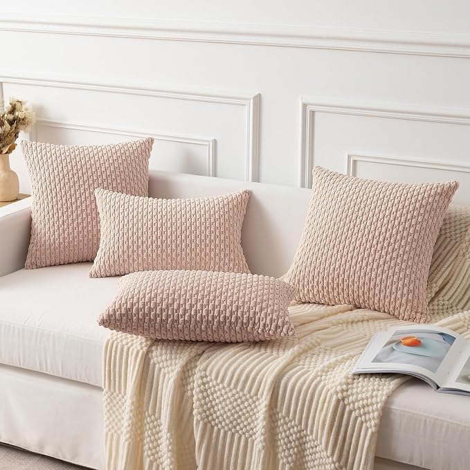Kevin Textile Soft Corduroy 12"x24" Lumbar Pillow Cover 1 Pack, Light Pink | Boho Stripe Plush Corduroy Decorative Oblong Cushion Cover Modern Farmhouse Home Decor for Sofa Couch Bed Chair