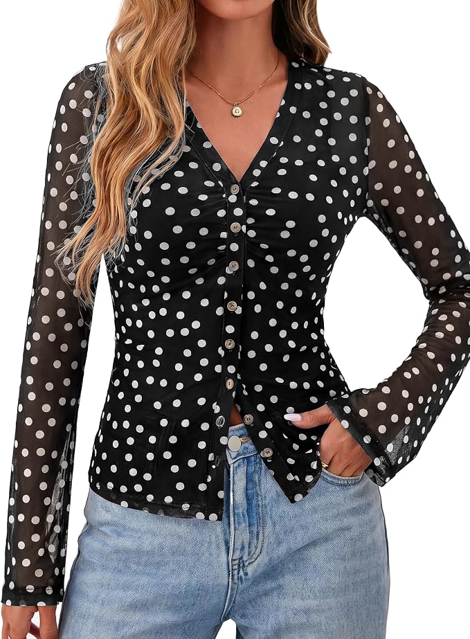 BTFBM Button Down Shirts for Women 2026 Fall Boho Tops V Neck Long Sleeve Blouses Ruched Mesh Fitted Fashion Clothing