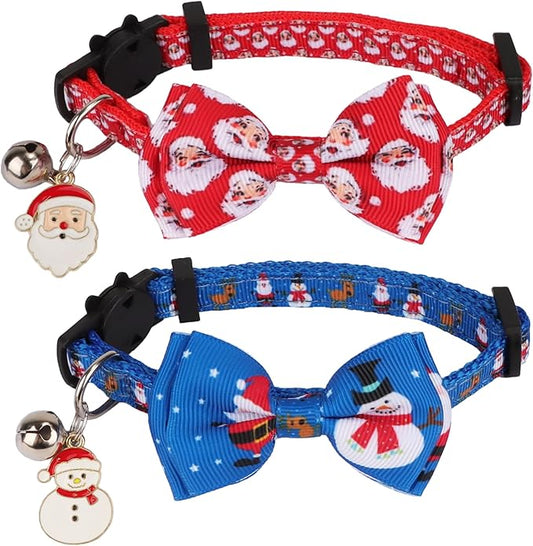 ADOGGYGO Christmas Cat Collar with Bowtie Bell, Removable Kitten Bow, 2 Pack Red Green Santa Snowman Christmas Collars for Cat Kitten