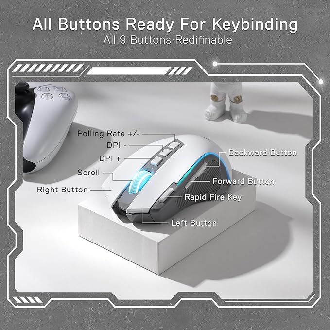 Redragon M612 Wireless RGB Optical Gaming Mouse 8000 DPI Remapping Keys | Cable-Free 0 Delay, Redefine Keybinding Macro, Vibing Backlight, Ergonomic Grip Body Comfort