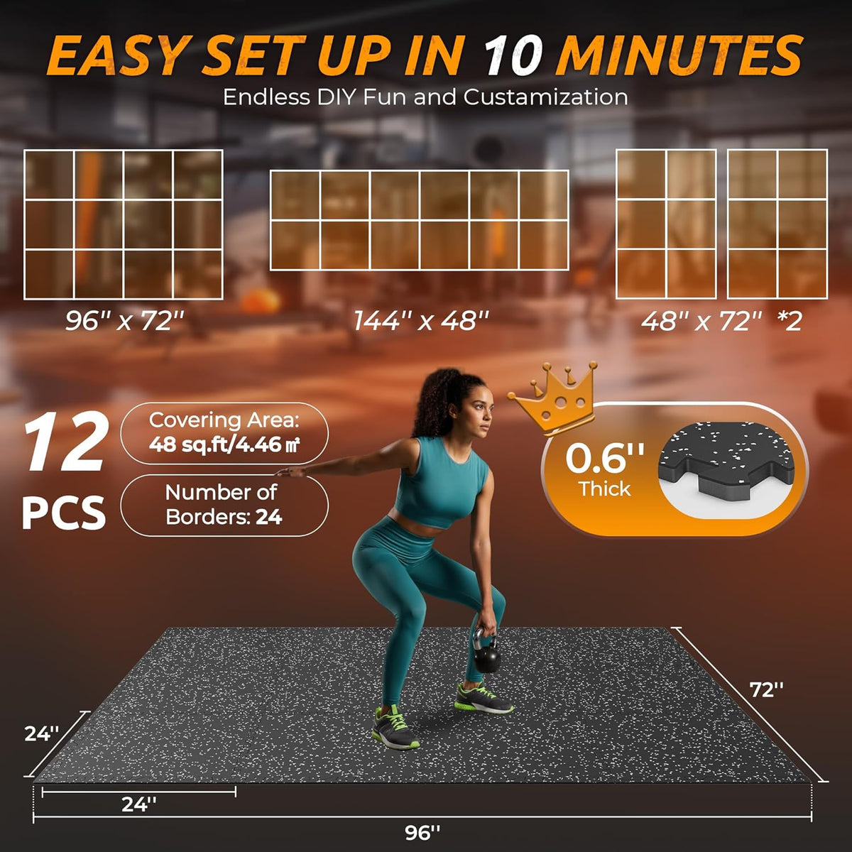 PRAISUN Gym Flooring - 0.6" Thicker Rubber Interlocking Mats | 12 Pcs, 48 Sq Ft, Black/Grey