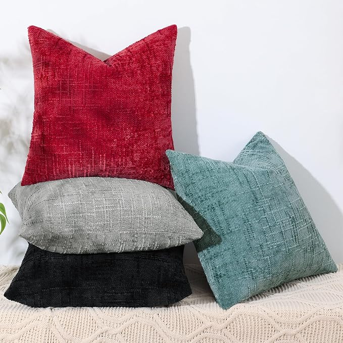 decorUhome Textured Chenille Throw Pillow Covers 22x22 Set of 2 Red | Fall Modern Farmhouse Soft Cozy Slubby Couch Pillow Cases Boho Decorative Pillow Cases for Bed Sofa Living Room Home Decor