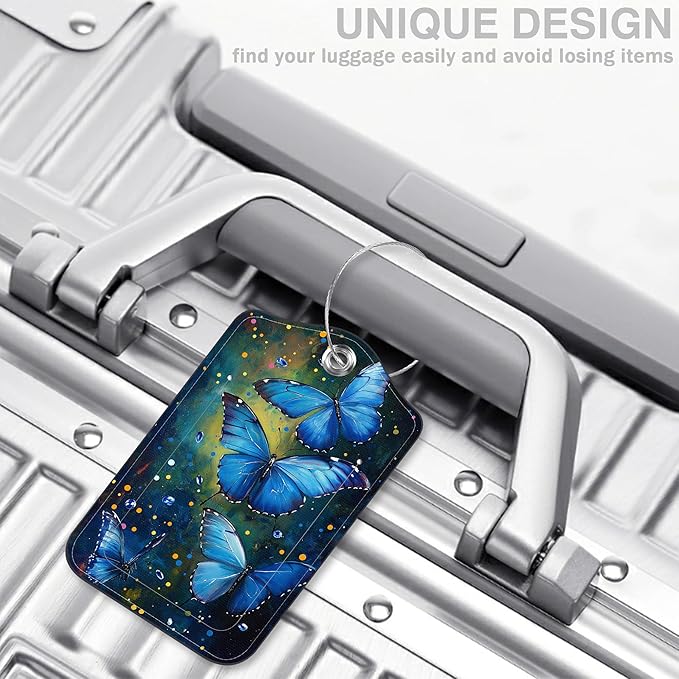 2 Pcs Watercolor Blue Butterfly Luggage Tags for Suitcases PU Leather Baggage Tags Name ID Label with Privacy Cover and Stainless Steel Loop for Men Women Travel Bag Suitcase