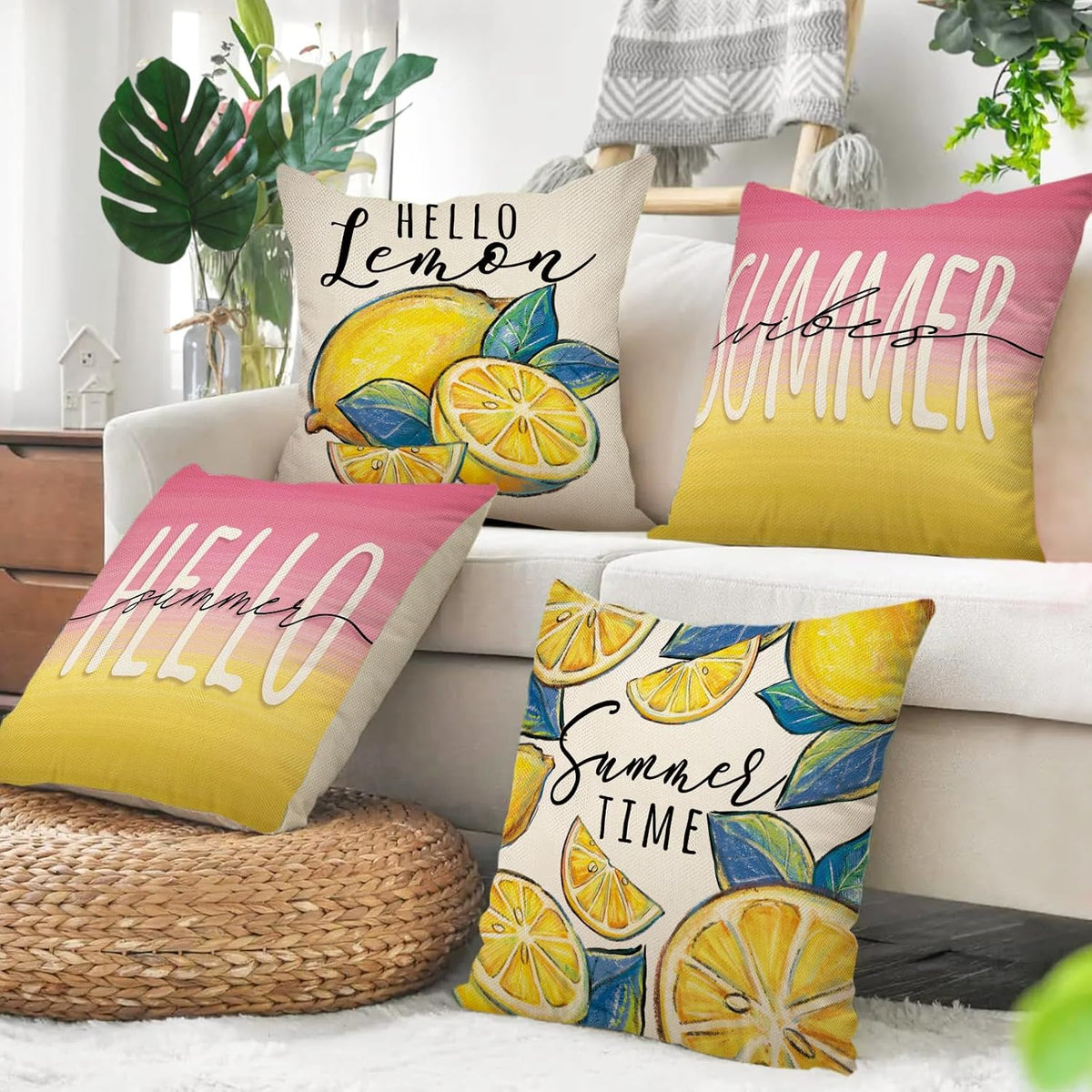 Hello Summer Lemon Decorative Throw Pillow Covers 20 x 20 Set of 4, Summer Vibes Fruit Pink Yellow Cushion Case Decor, Seasonal Home Decoration for Sofa Couch