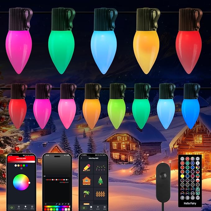Brightown C9 LED Christmas Lights Outdoor, 100 LED RGB Smart Christmas Tree Lights with Music Sync APP Controlled, Waterproof Connectable C9 String Lights for Indoor House Party Patio Garden Decor