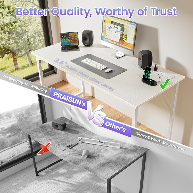 PRAISUN 47 X 20 Inch Computer Desk, Power Outlets, USB-C, White | Office Desk with 4 AC Outlets, USB & USB-C, Sturdy Metal Frame, Spacious Desktop for Work, Writing, Study & Gaming