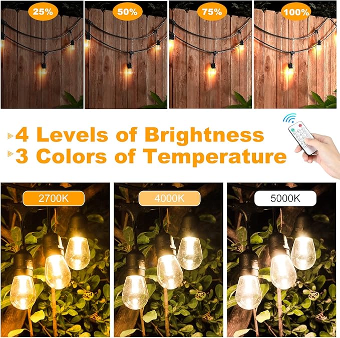 Mlambert 3-Color in 1 Solar String Lights Outdoor Waterproof Dimmable, 48ft Remote LED Patio Lights,15 Hanging Sockets Shatterproof Light for Backyard