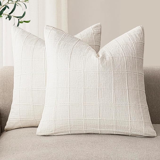 Foindtower Set of 2 Decorative Linen Check Throw Pillow Covers Neutral Farmhouse Vintage Cushion Covers Modern Boho Home Decor for Sofa Chair Couch Bedroom Living Room,24×24 Inch,Cream White
