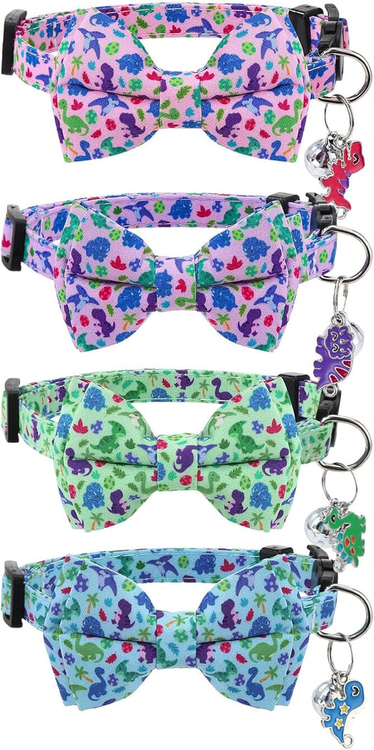 4 Pcs Breakaway Cat Collar with Bow Tie and Bell Dinosaurs Cat Kitten Collar with Removable Bowtie Adjustable Safety Collars for Boy Cats